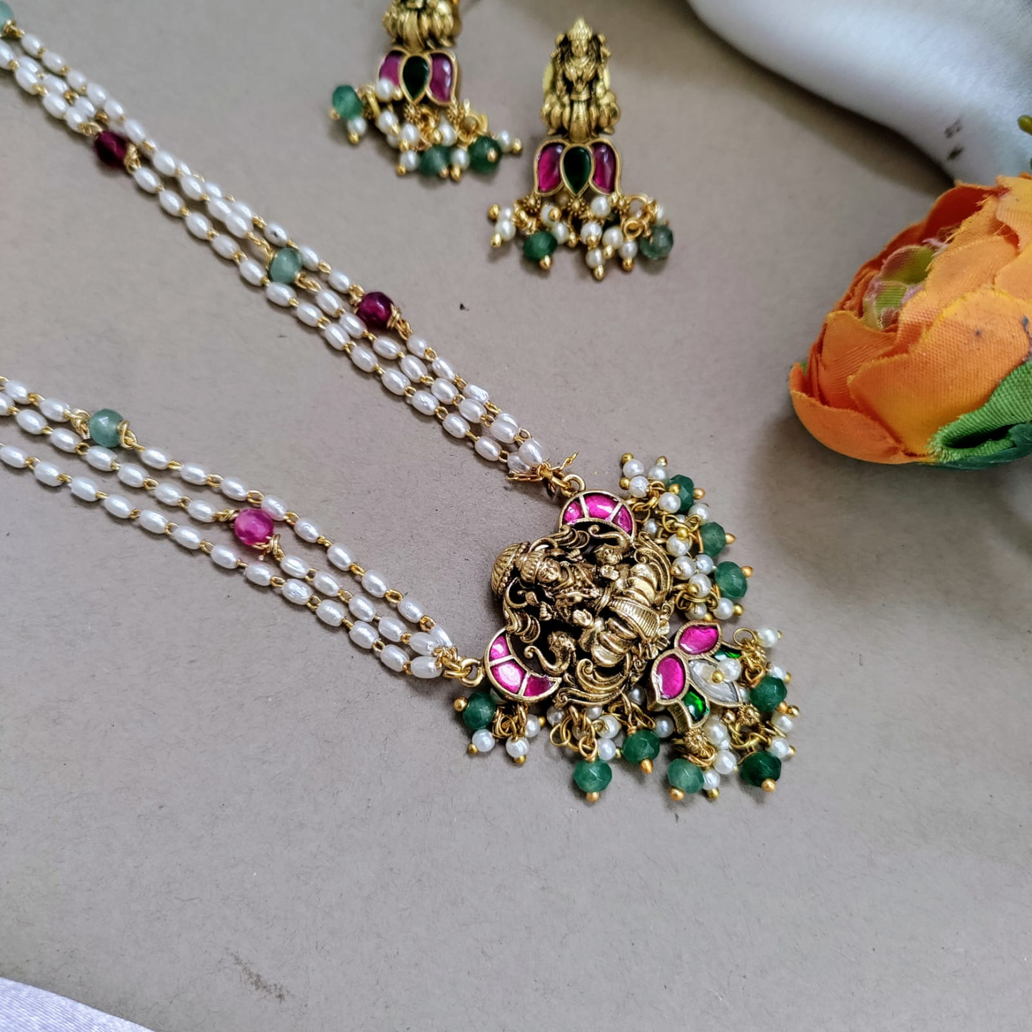 3 layer lakshmi pendant long necklace