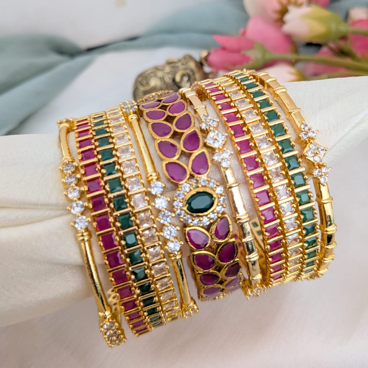Bridal bangle set Ruby, green, white