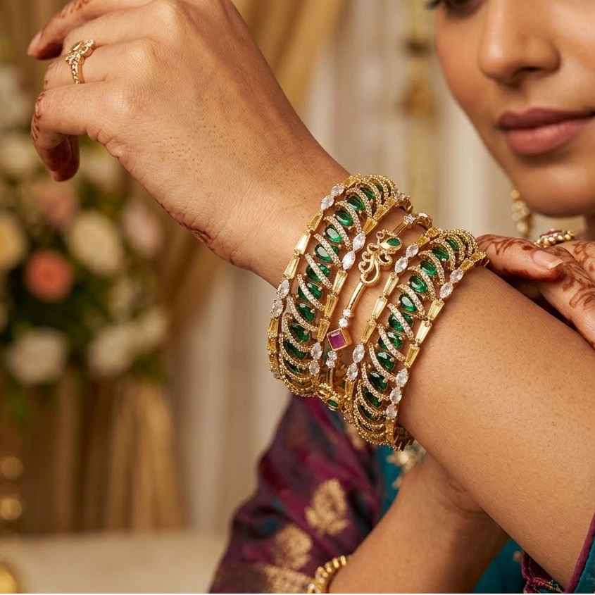 AD stone studded Spiral green bridal Bangle