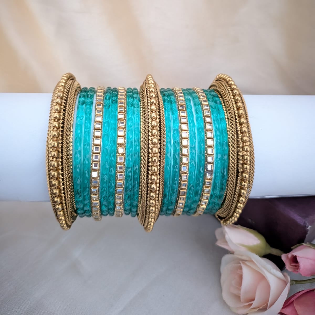 Kundan with glass aqua blue bridal bangle