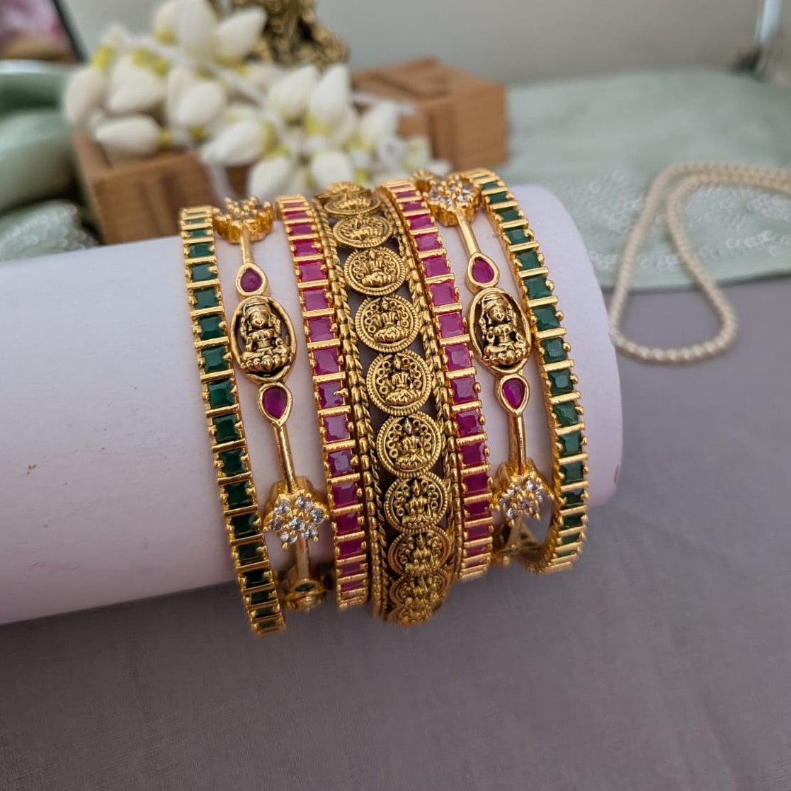 Lakshmi design in green and ruby stone bridal bangle