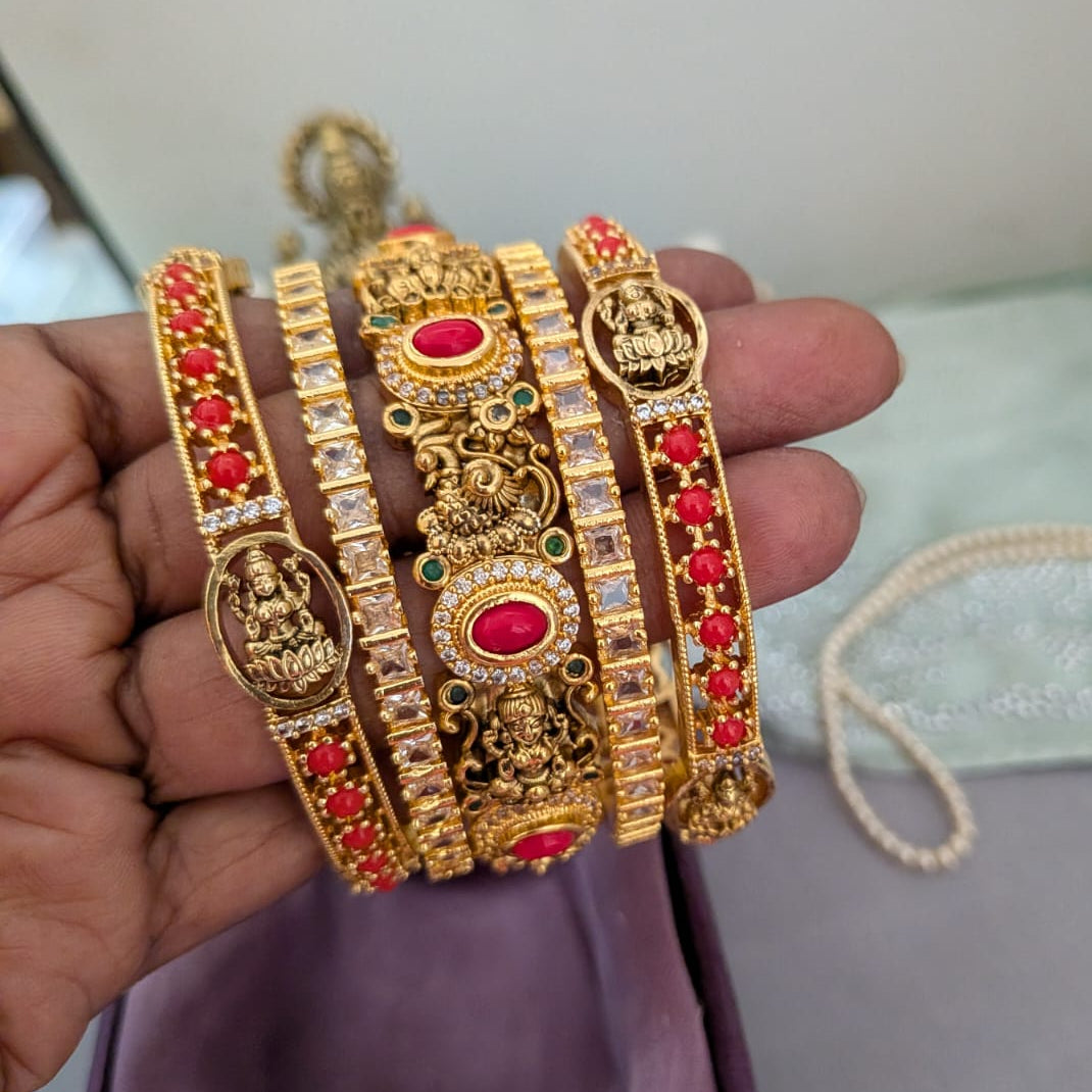 Nakshi work coral stone studded bridal bangle