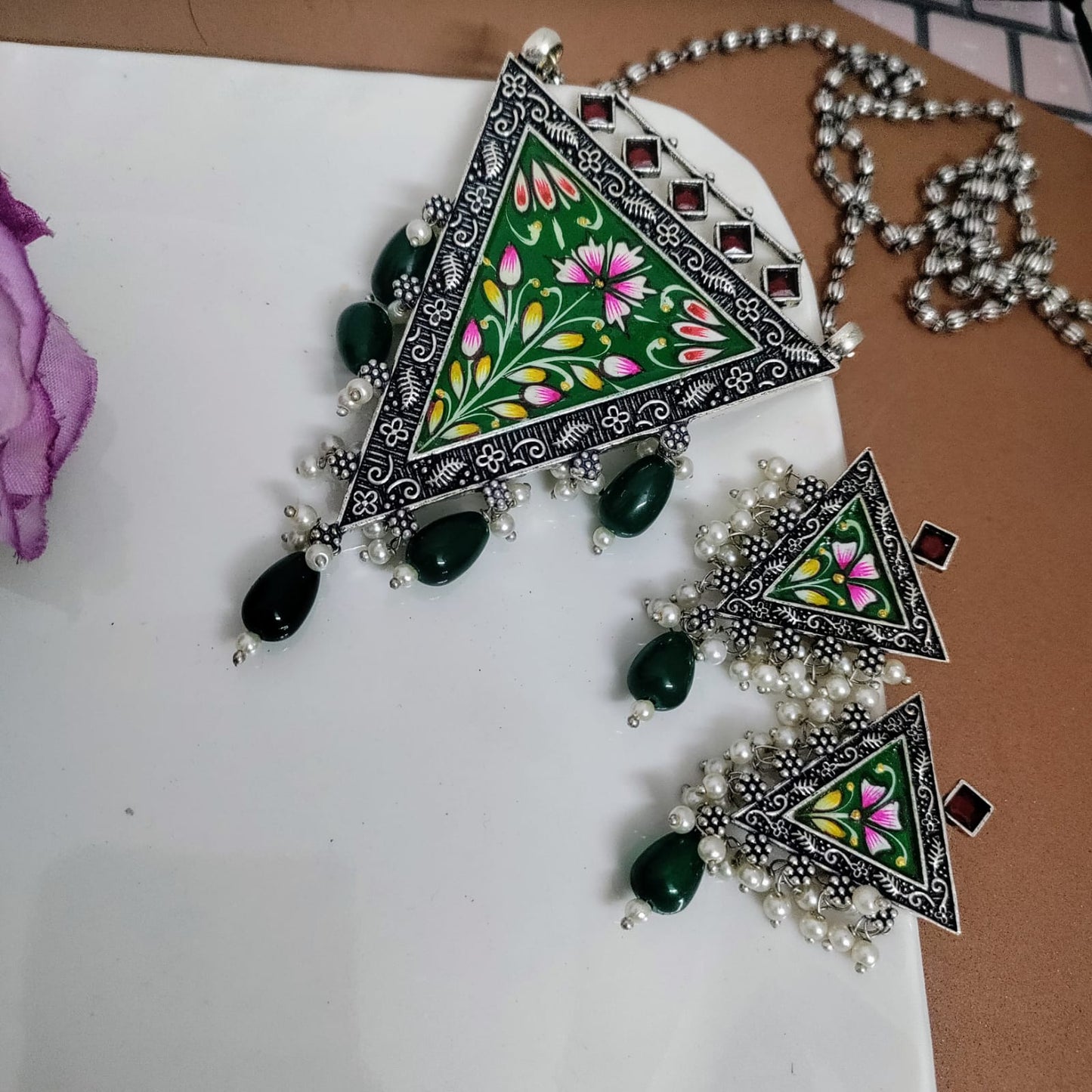 Handpainted long silver replica necklace
