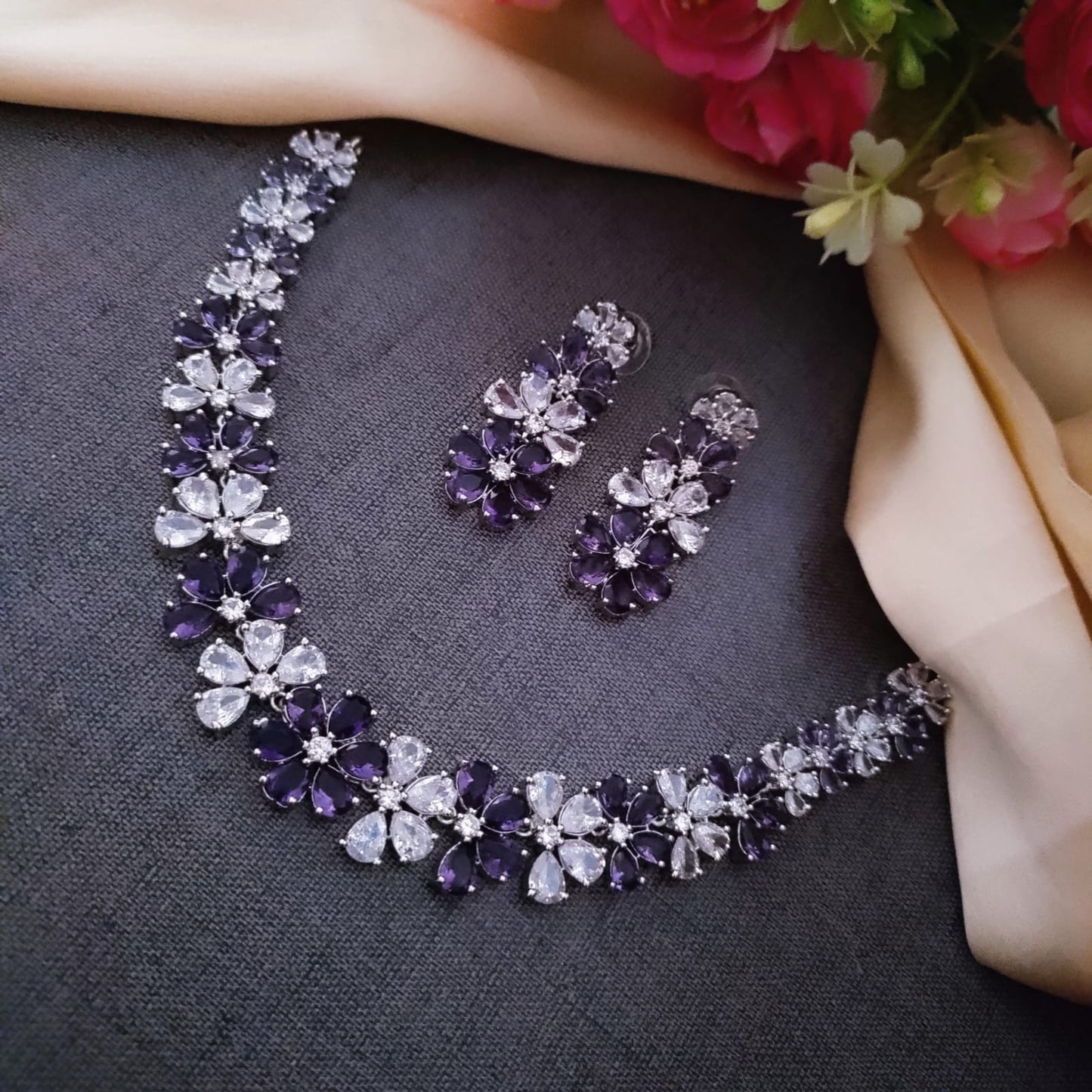 Flower shaped AD stone studded necklace