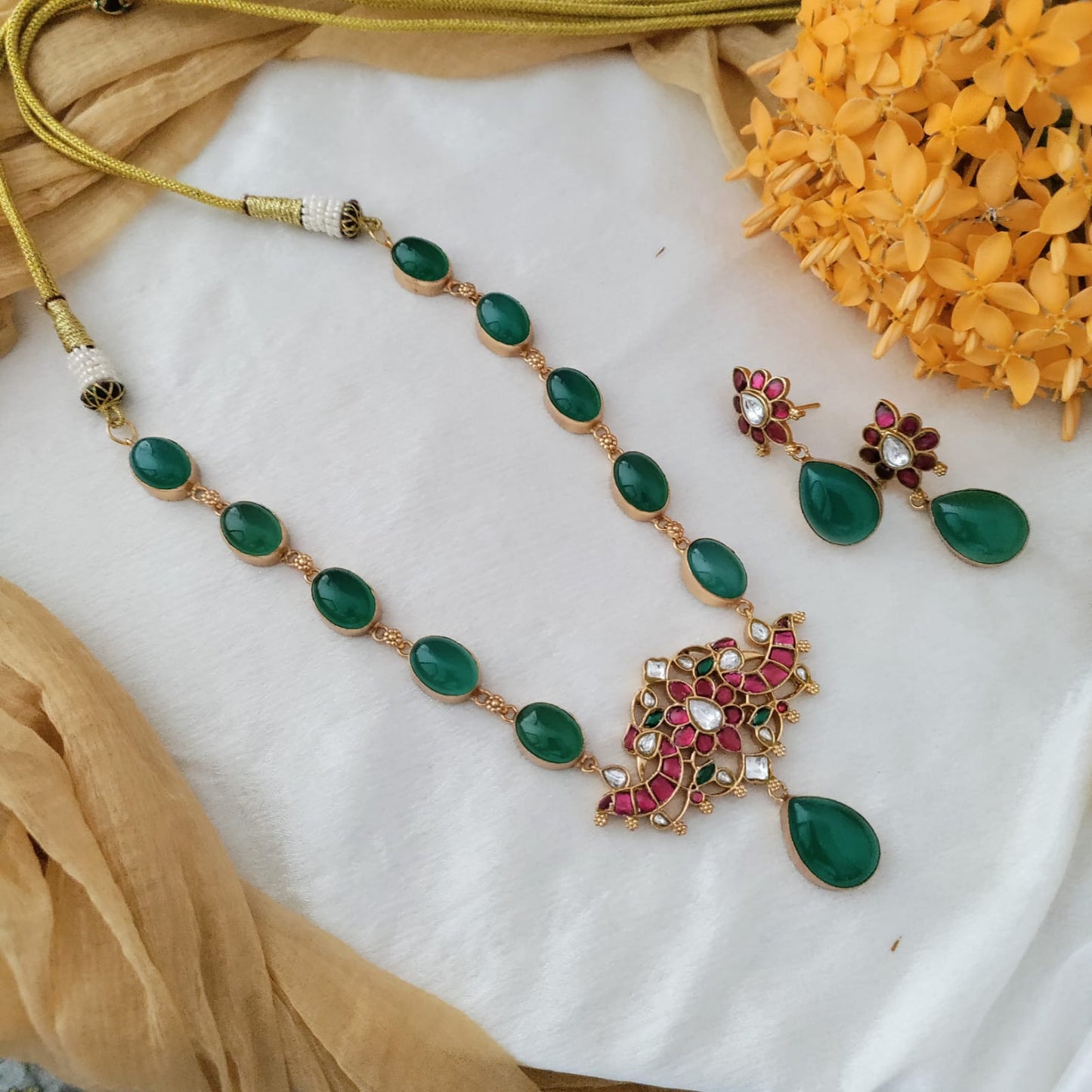 Bold and beautiful Jadau kundan exclusive stone necklace set - Green