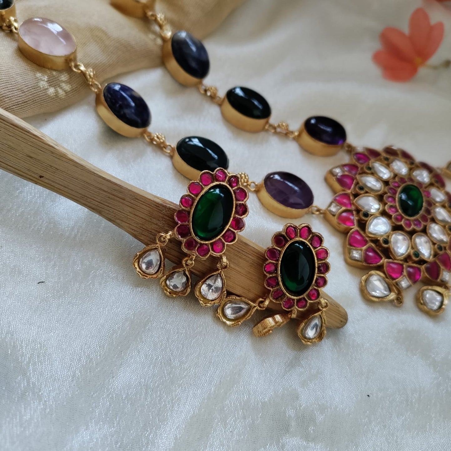 Semiprecious stone with Jadau work necklace set - Unmatched Style and Quailty