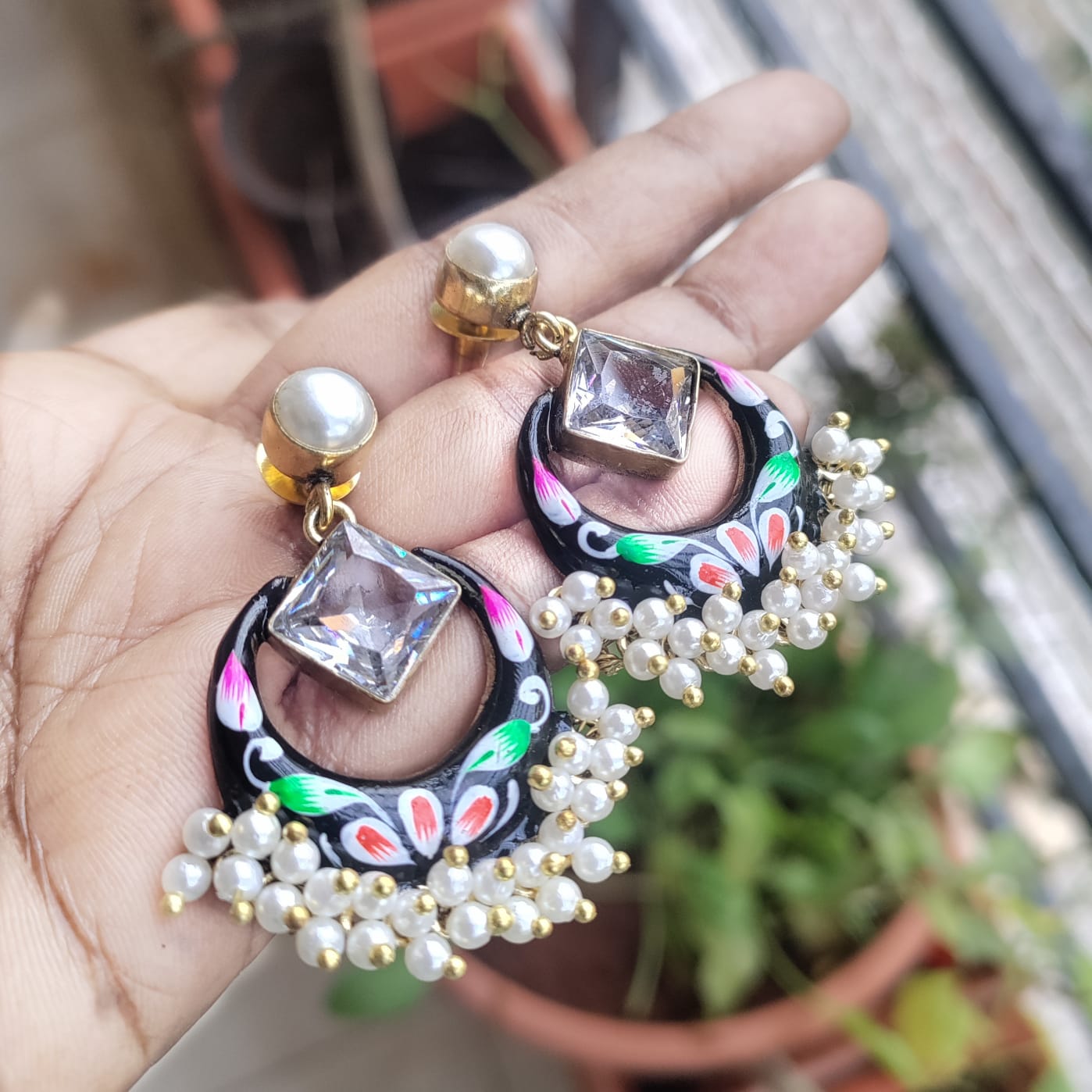 Golden painted stone earring