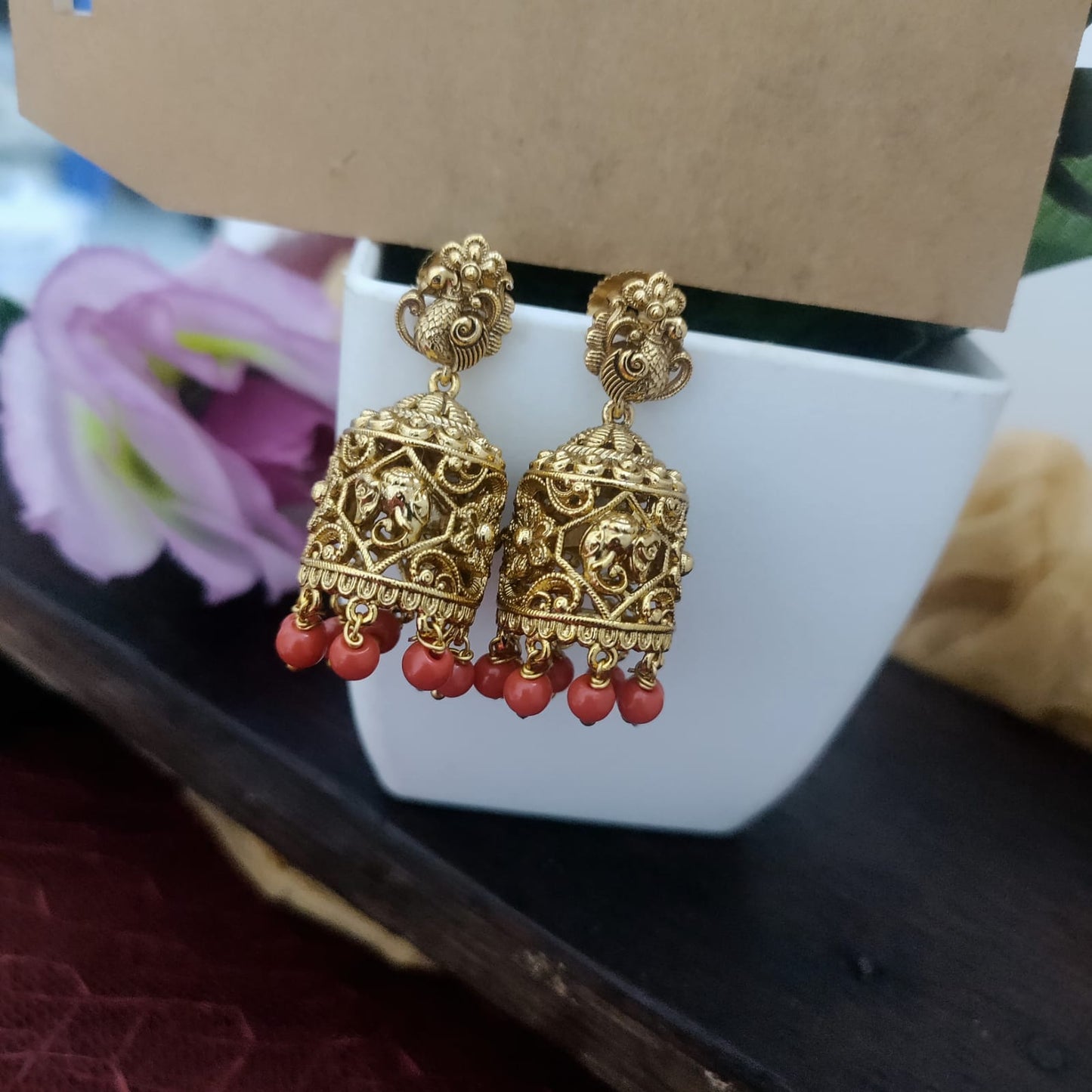 Peacock coral red jumkha earring