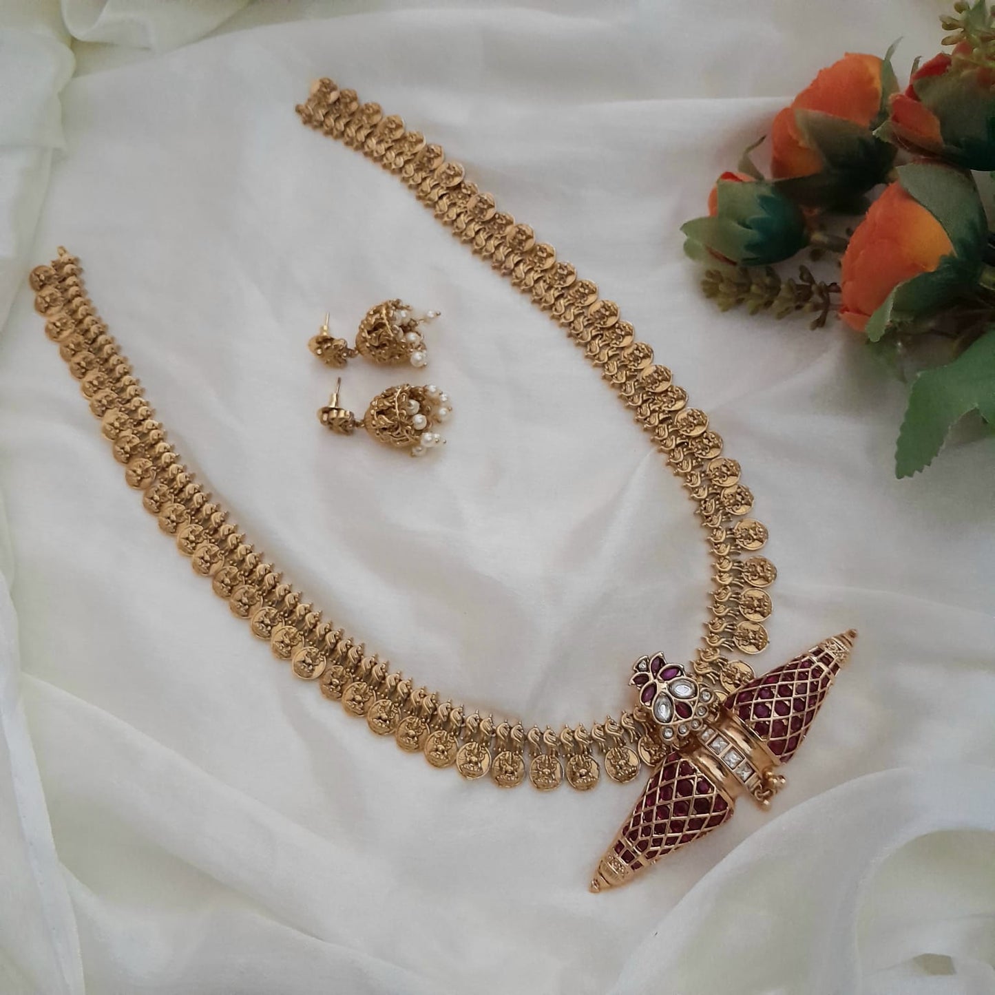 Long Coin necklace with Taweez kemp stone pendant