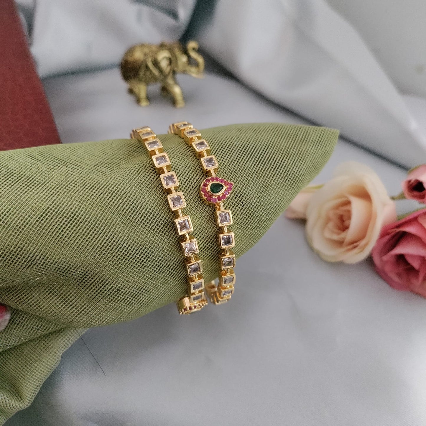 Square white with mango ruby AD stone bangle