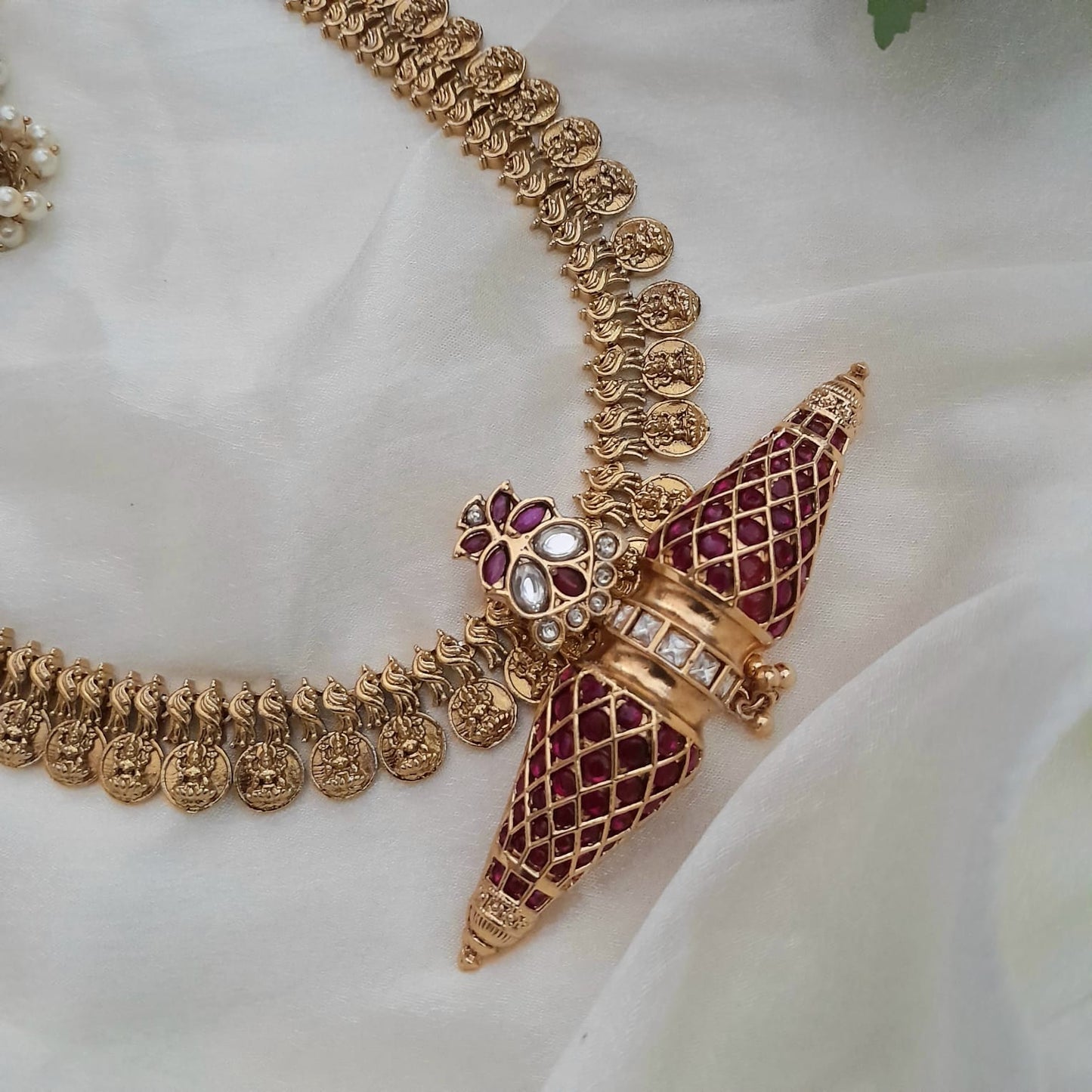 Long Coin necklace with Taweez kemp stone pendant