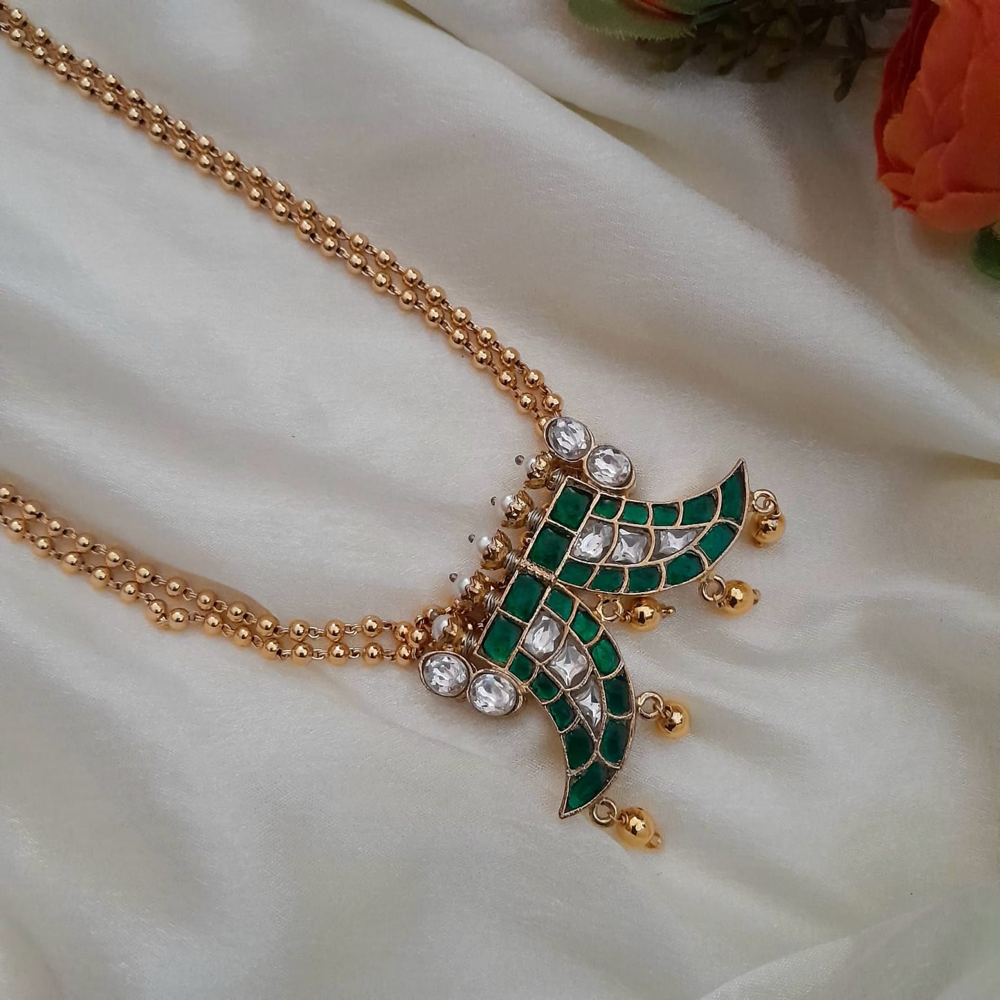 Twin Mango shaped pendant long Chain - Jadau Kundan