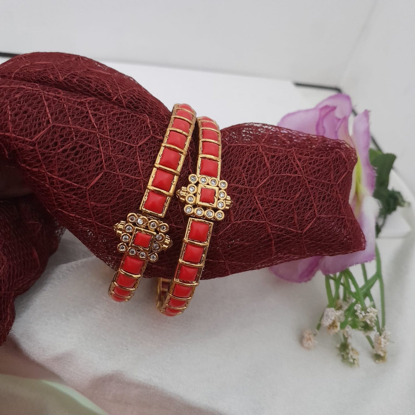 Coral red stone bangle