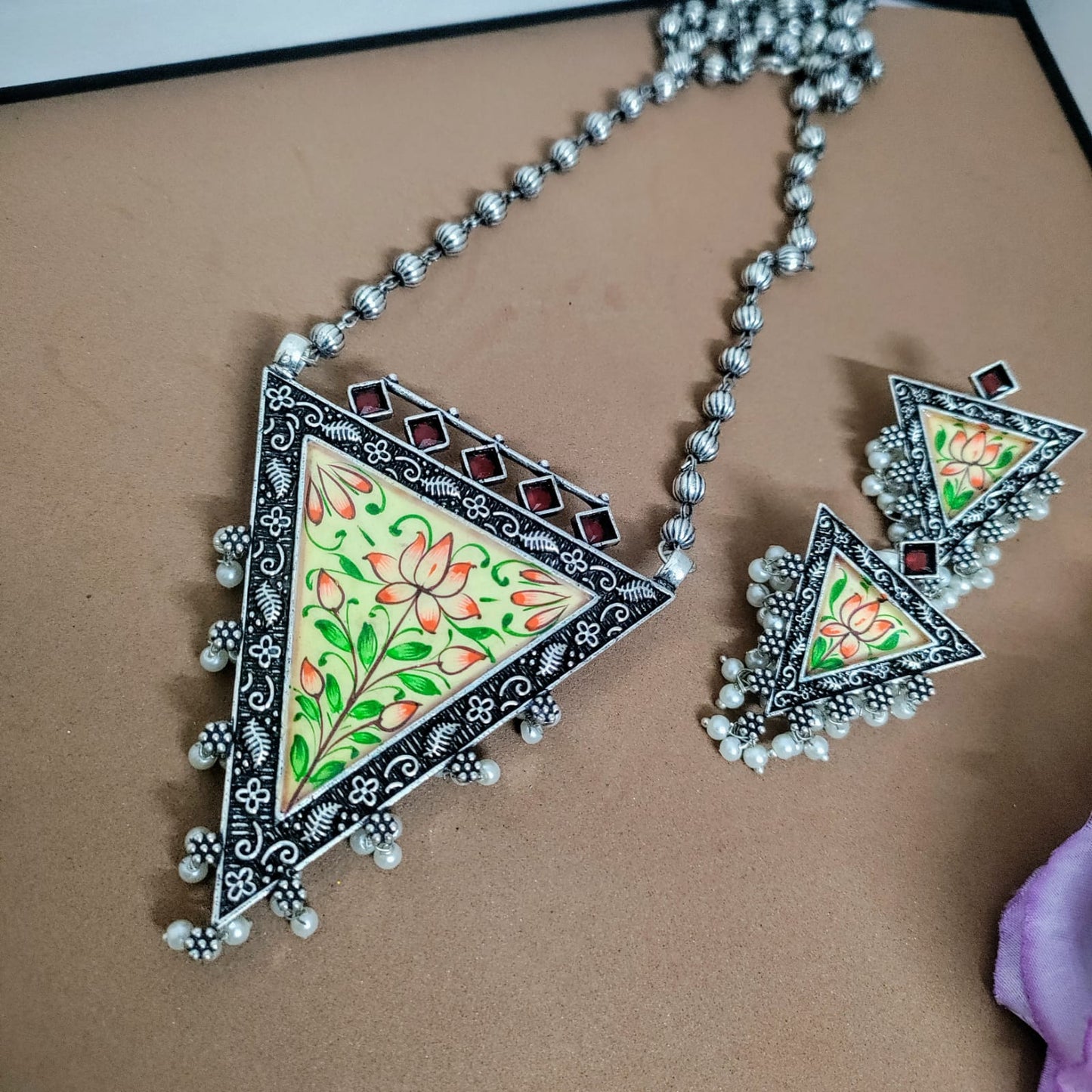 Handpainted long silver replica necklace