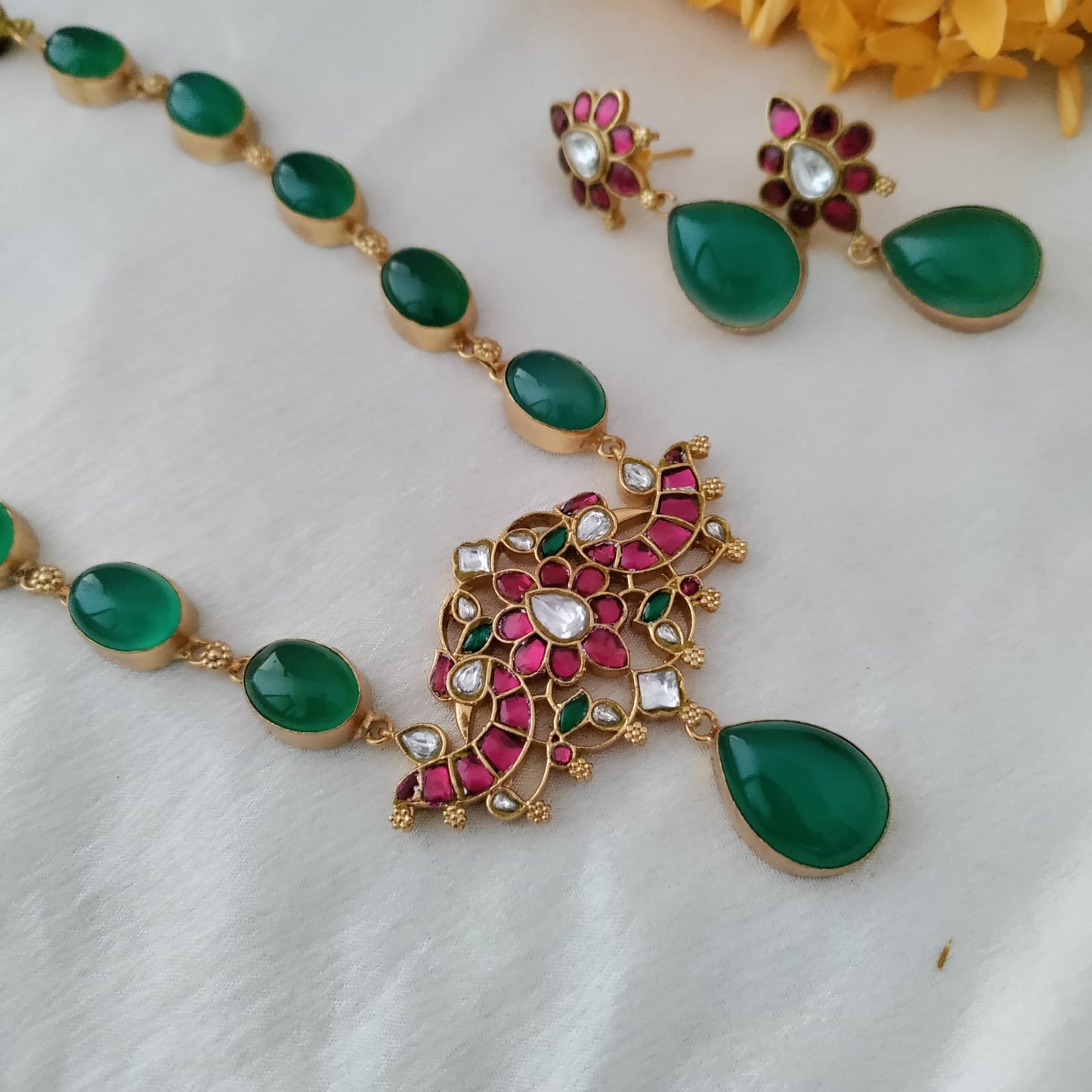 Bold and beautiful Jadau kundan exclusive stone necklace set - Green