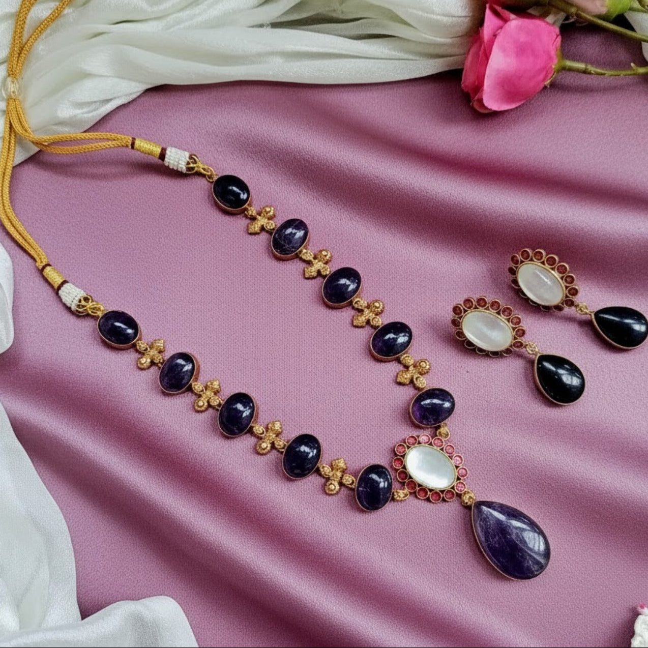 Amethyst drop Jadau kundan fusion necklace