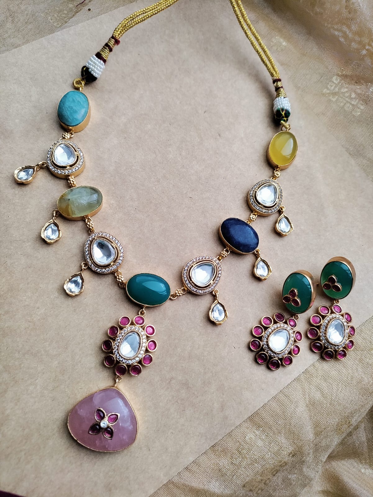 Semiprecious stone with Jadau work necklace set - Unmatched Style and Quailty
