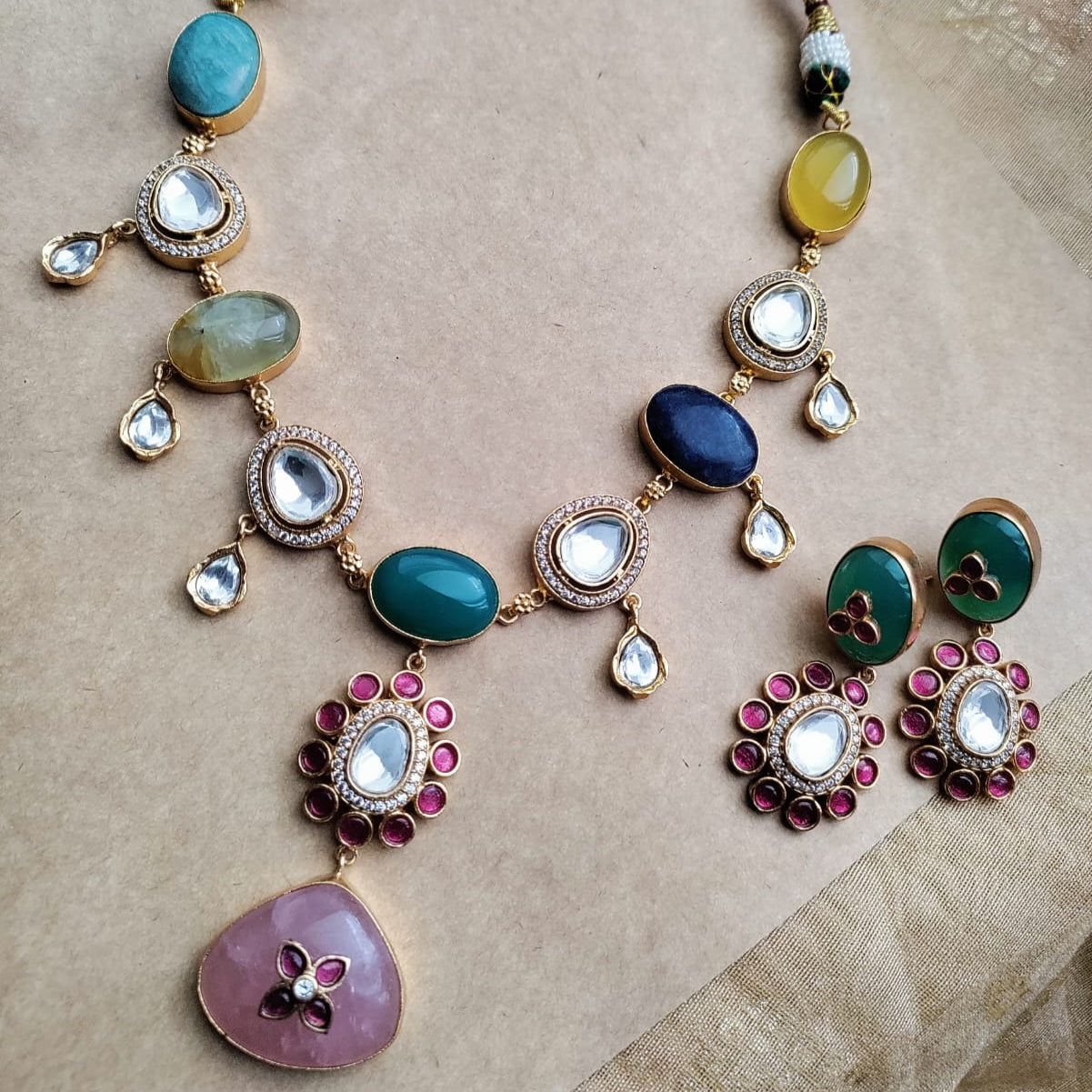 Semiprecious stone with Jadau work necklace set - Unmatched Style and Quailty