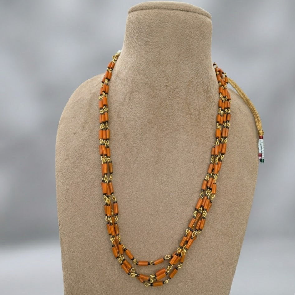 4 line orange tube long necklace