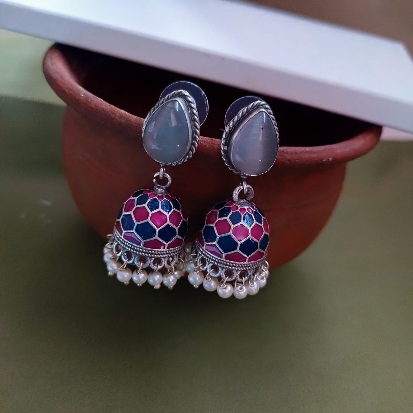 Painted jumkha drop stone earring