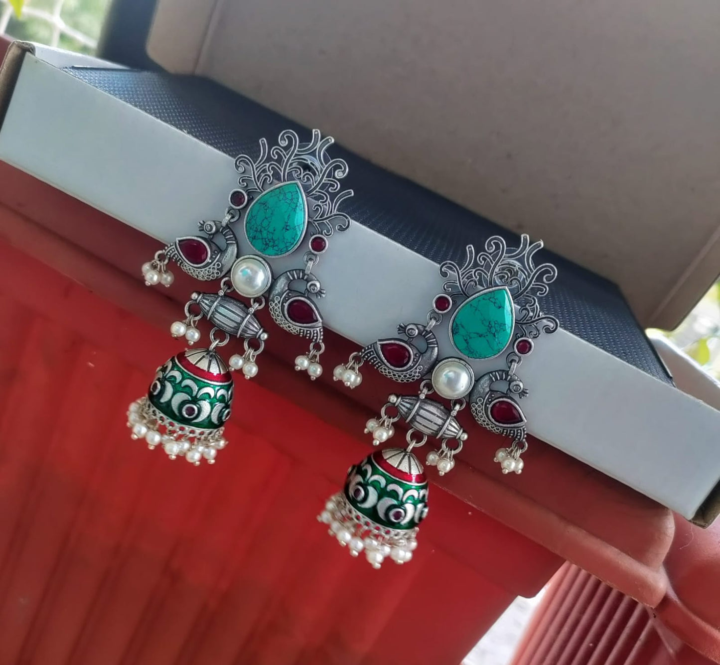 Drop stone peacock painted jumkha earring