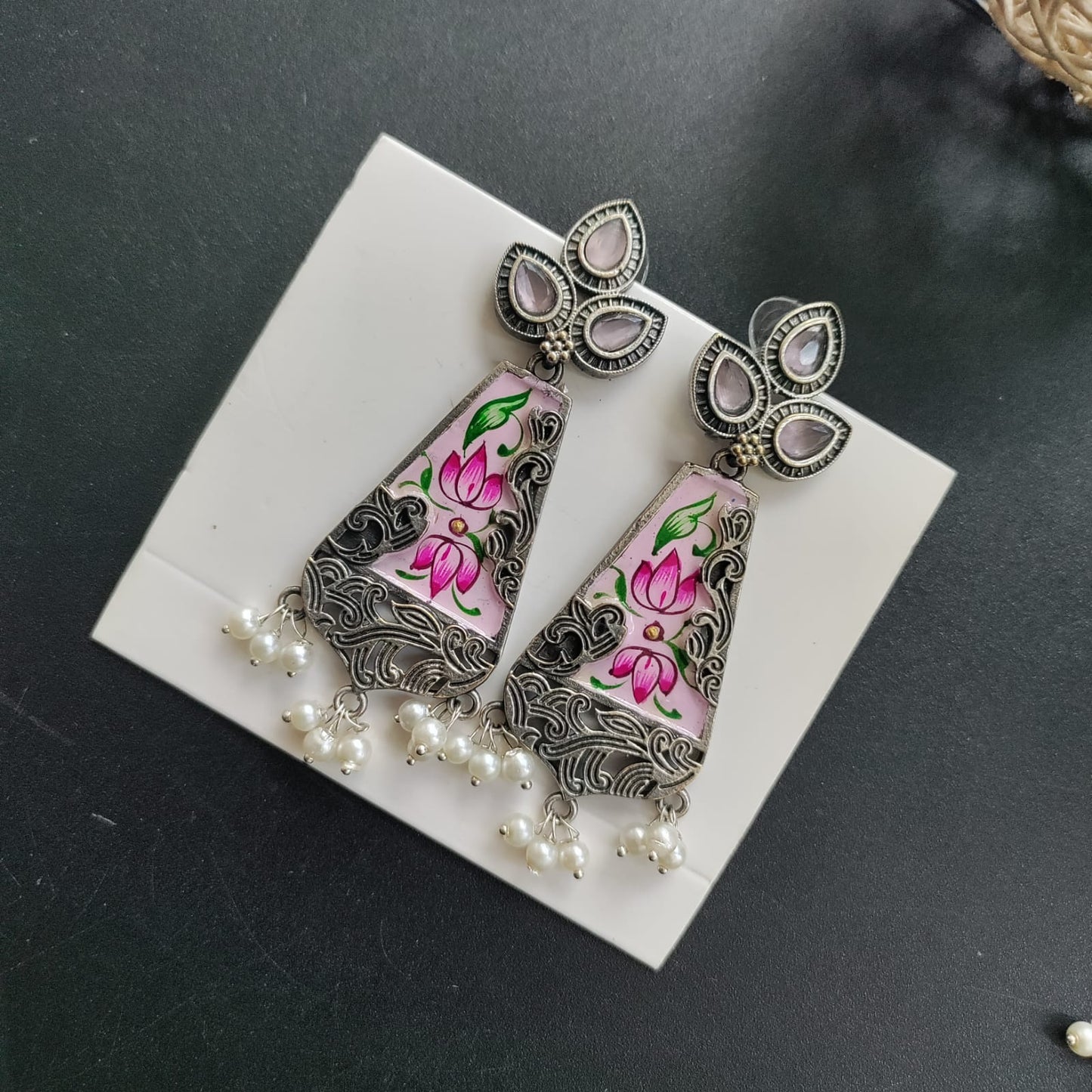 Drop shape 3 stone painted earring