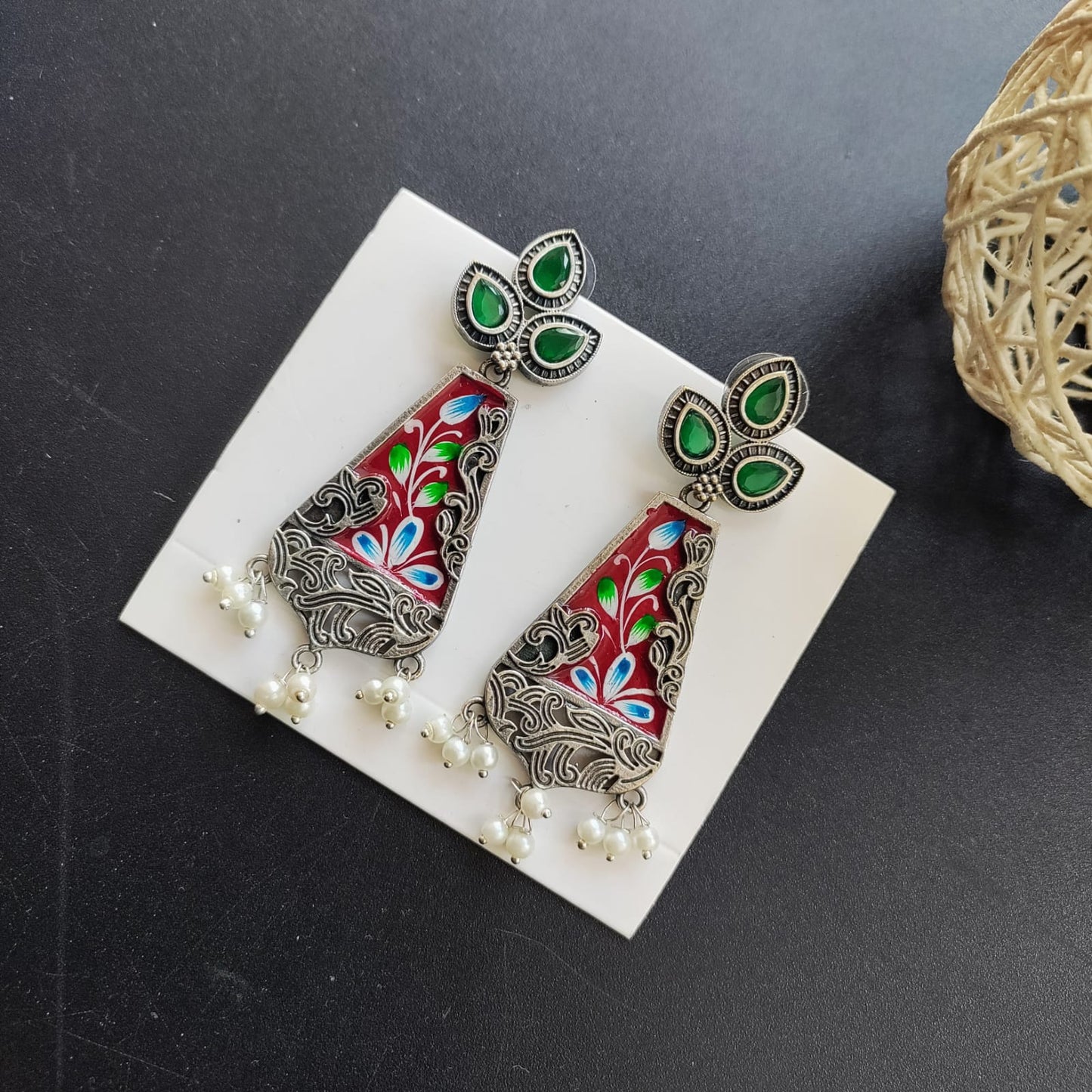 Drop shape 3 stone painted earring