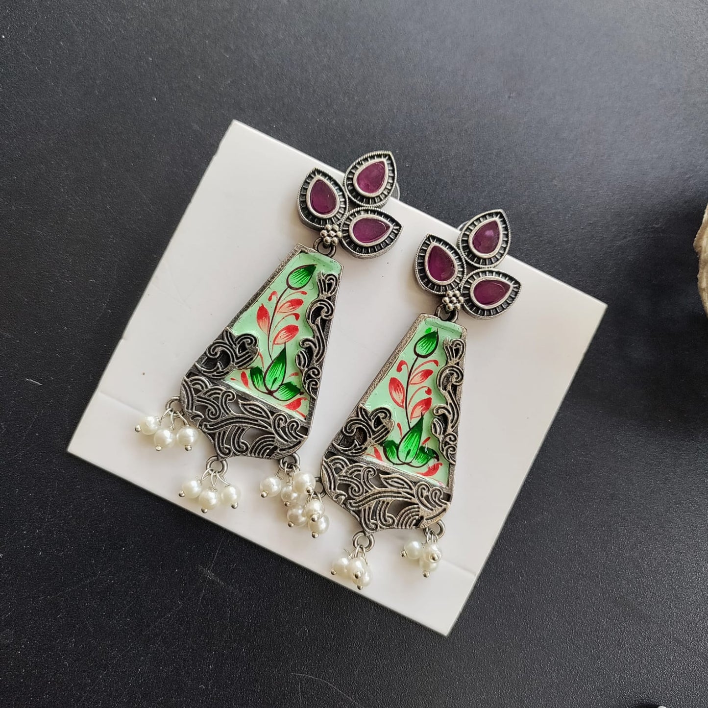 Drop shape 3 stone painted earring