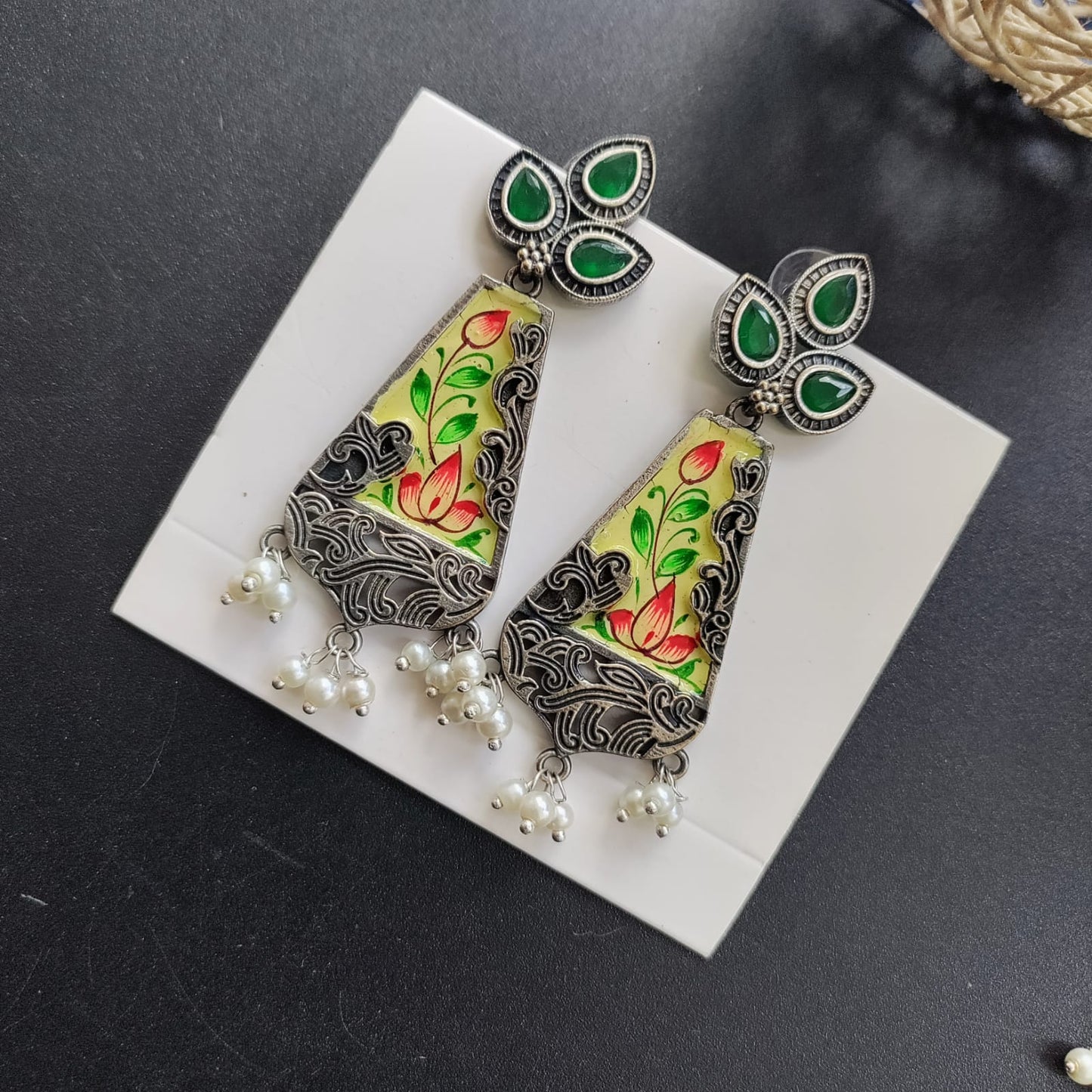Drop shape 3 stone painted earring