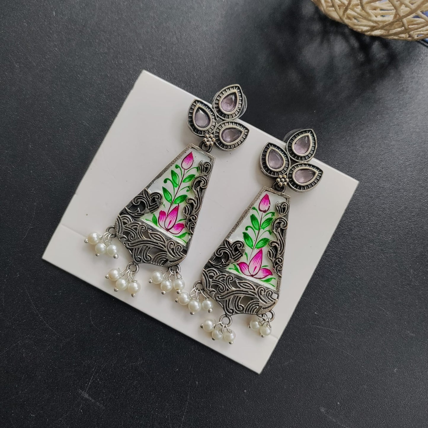 Drop shape 3 stone painted earring