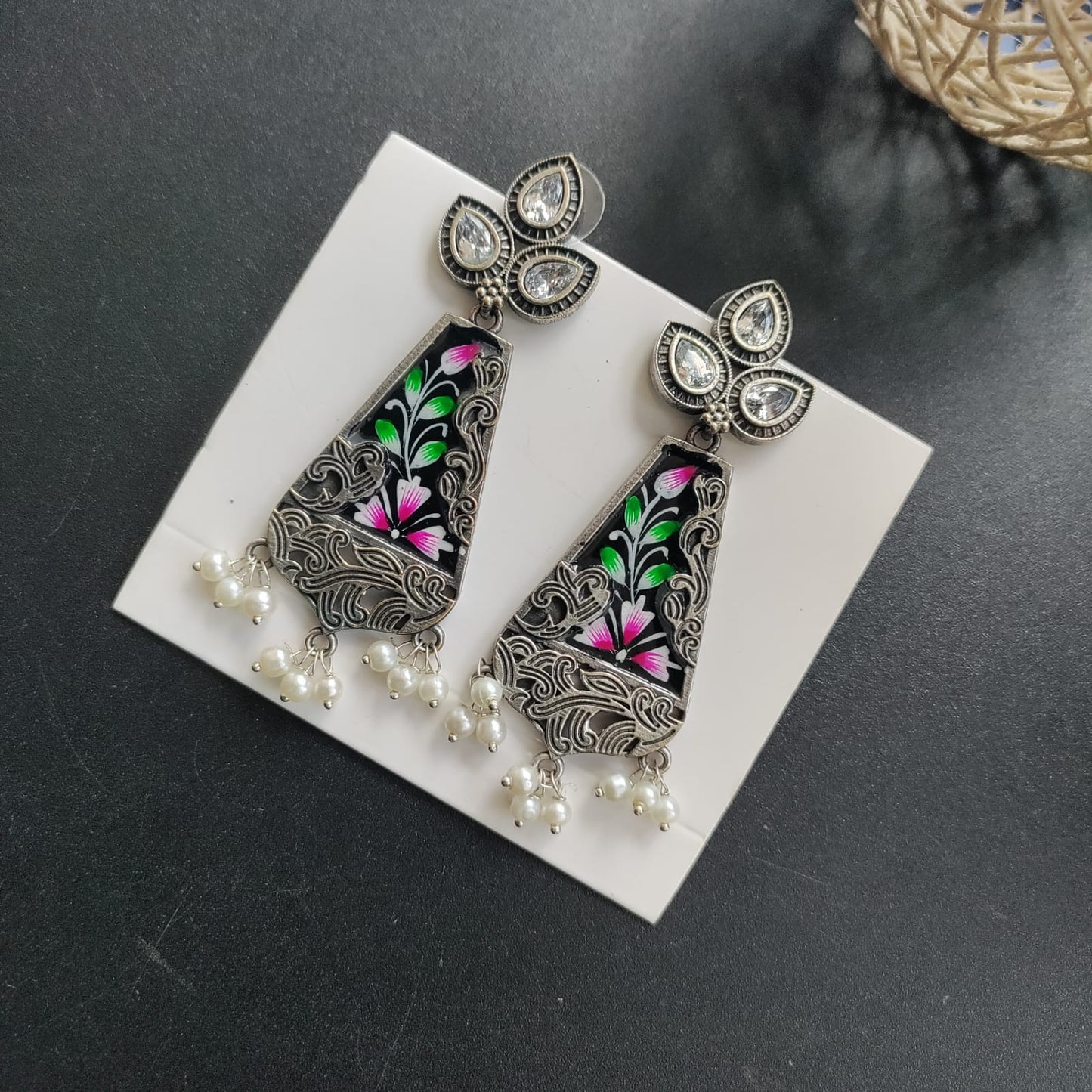 Drop shape 3 stone painted earring