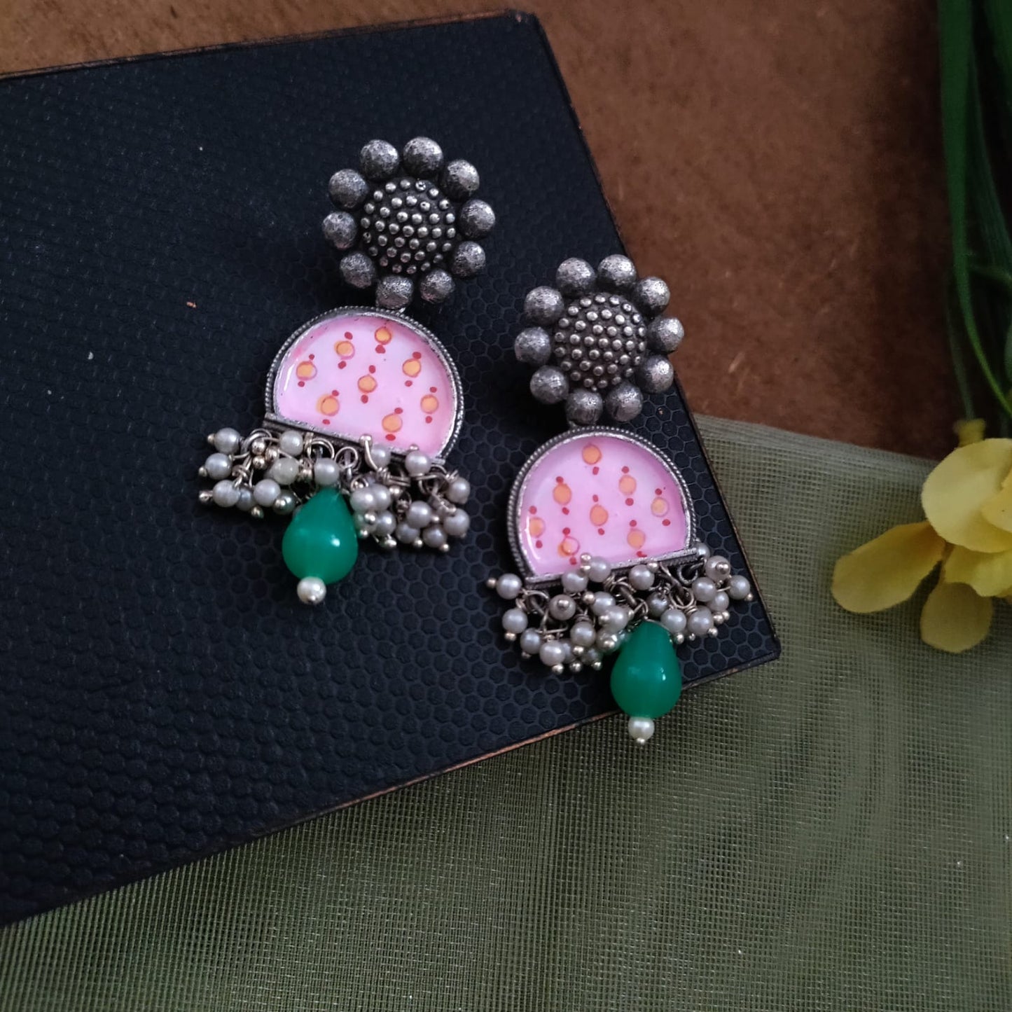 Flower round crescent type painted earring