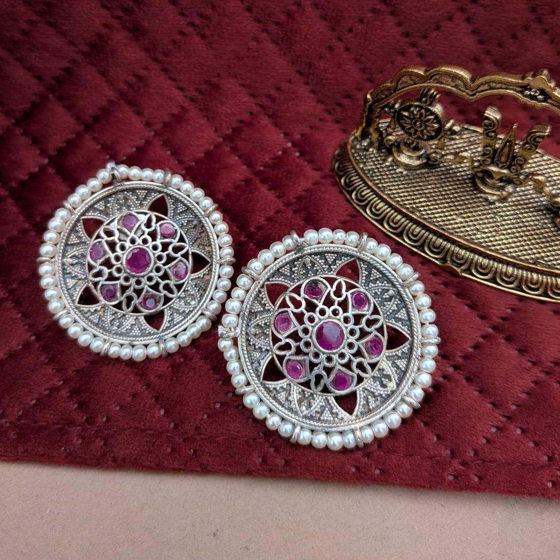 Round Floral Ruby Pearl Stud