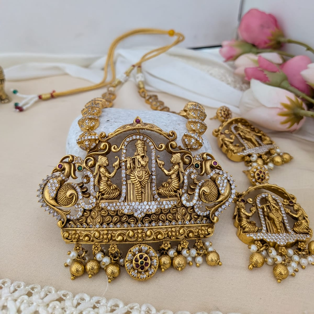 Krishna white stone long chain set