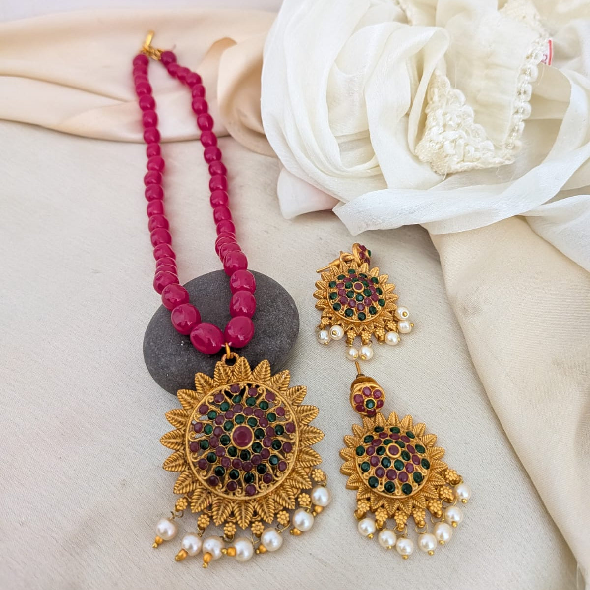 Flower with ruby bead long Necklace
