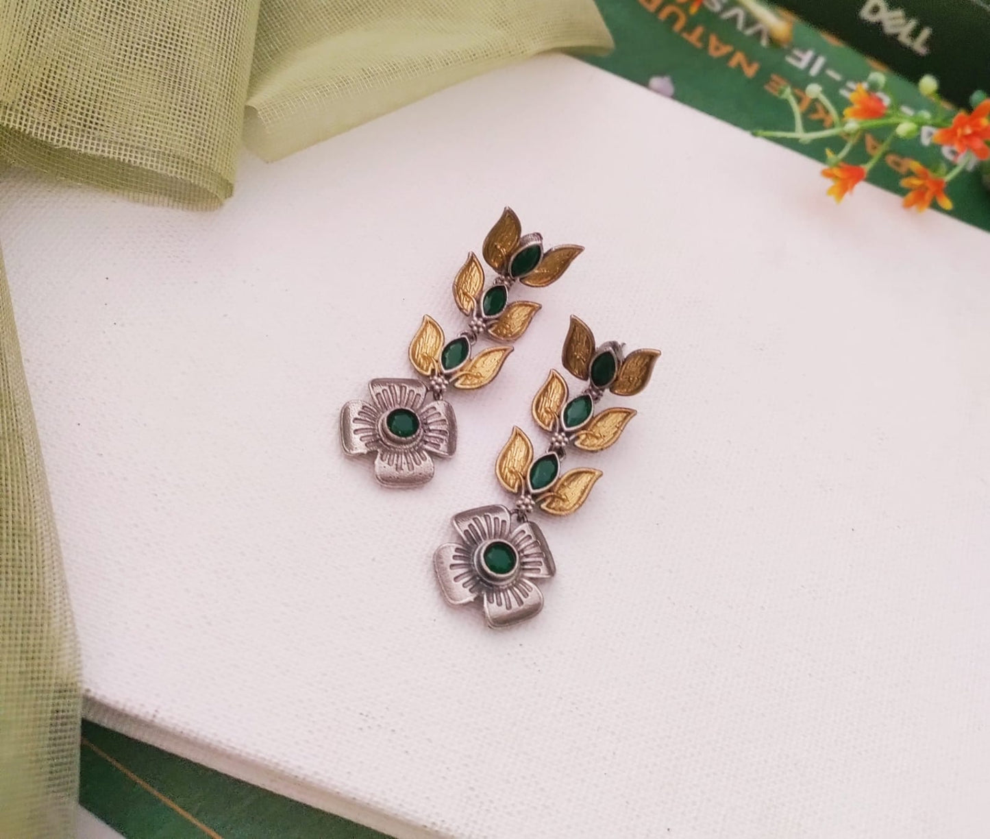 3 Layer Leaf Design Dualtone Long Earring