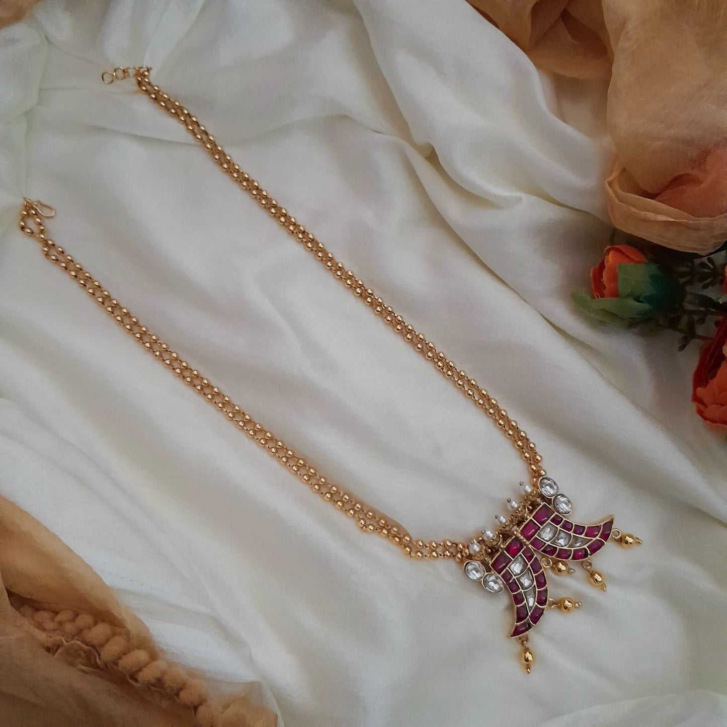 Twin Mango shaped pendant long Chain - Jadau Kundan