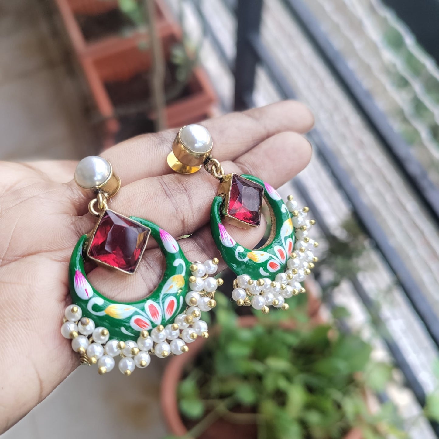 Golden painted stone earring