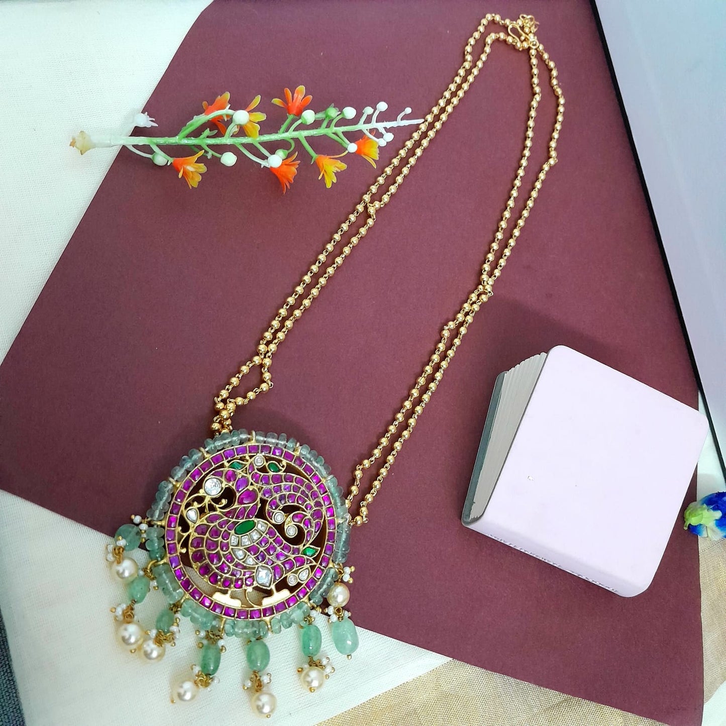 Round peacock pendant 2 layer long chain set
