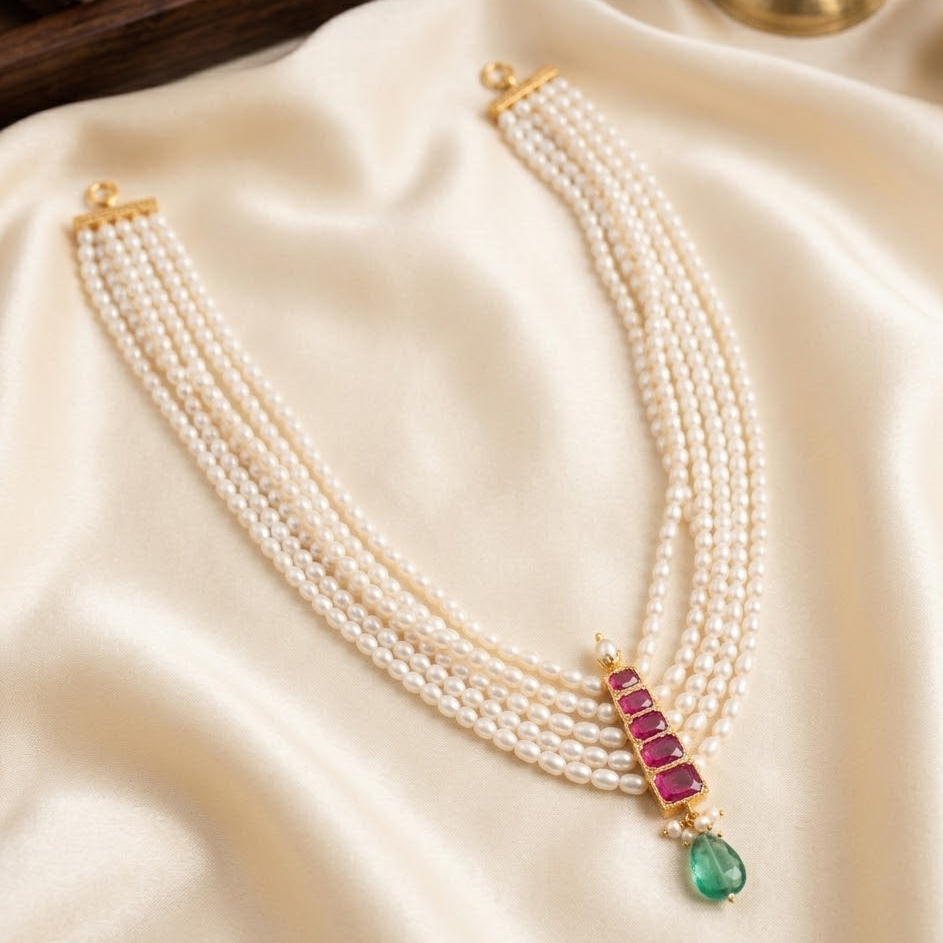 5 Layer pearl with Jadau kundan pendant
