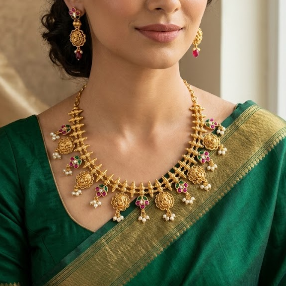 Jadau kundan floral with ganesha motif necklace set
