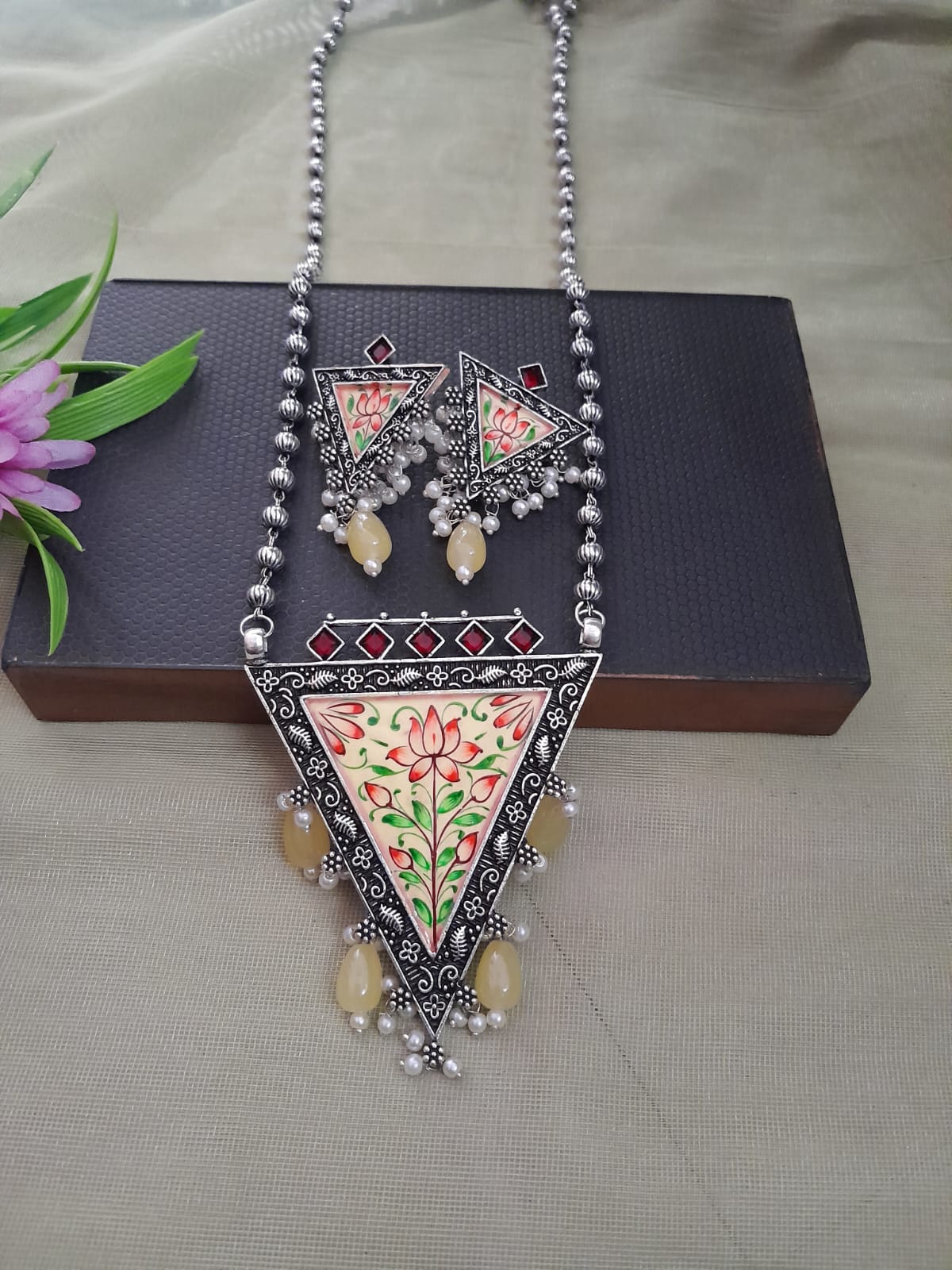 Handpainted long silver replica necklace