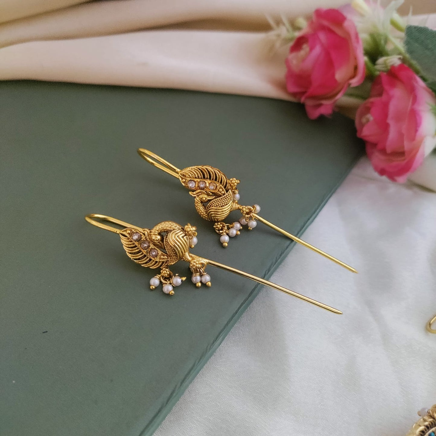 Jadau Kundan Needle Ear Cuff/Bugadi - Peacock Design