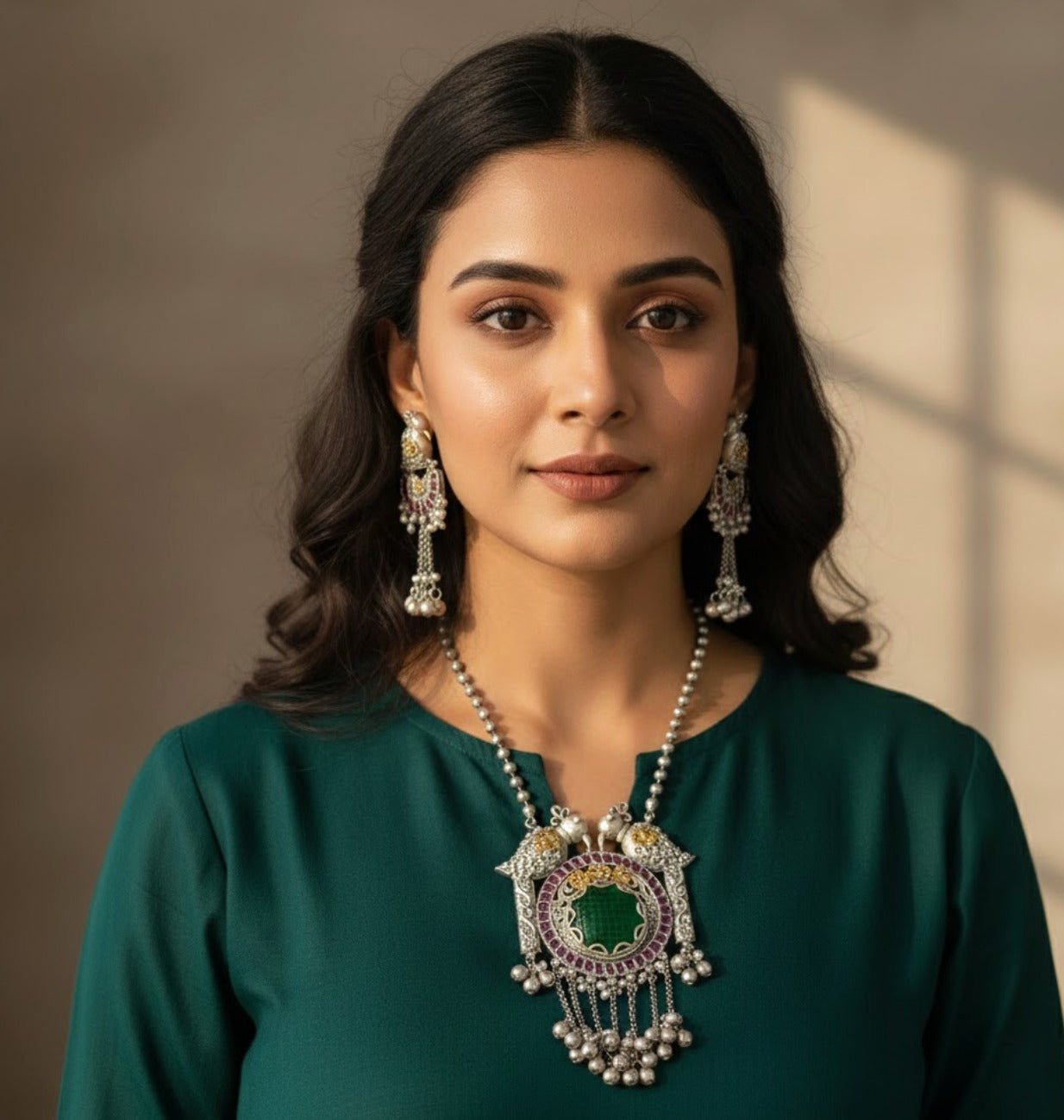 Green stone parrot long chain set