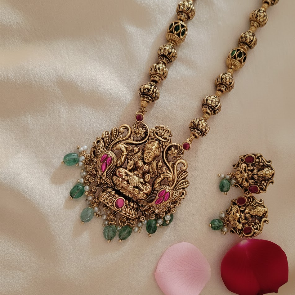 Golden ball nakshi work lakshmi pendant long chain set