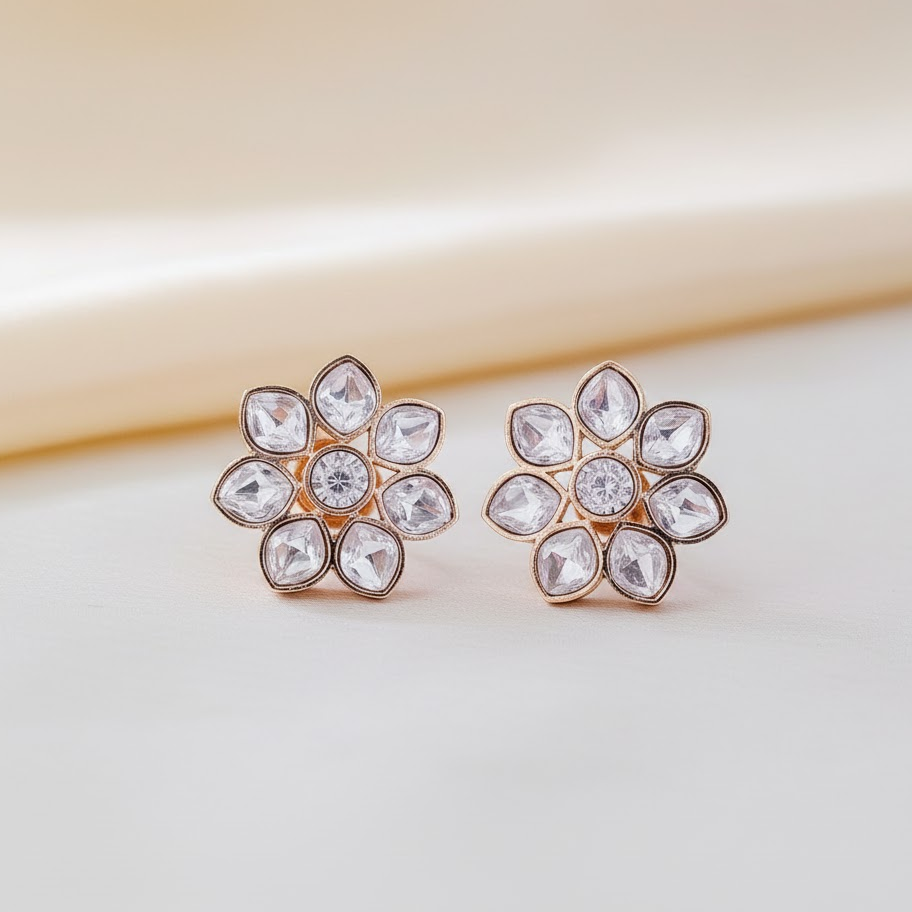 Round flower white kundan stone earring