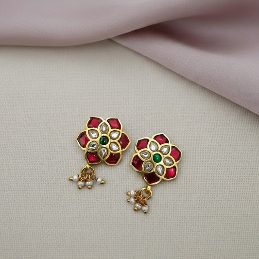 Jadau Round floral Bugadi with pearl drop Earcuff earing