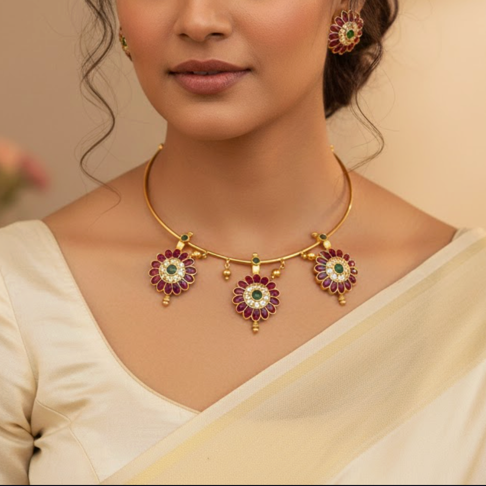 Ruby and white stone hasuli Necklace