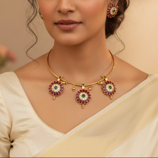 Ruby and white stone hasuli Necklace