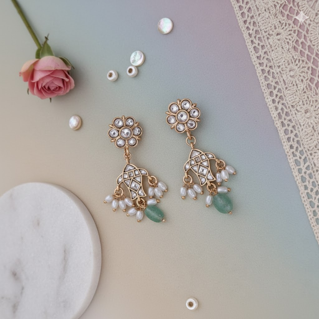 Jadau Fish design white stone green beaded earring